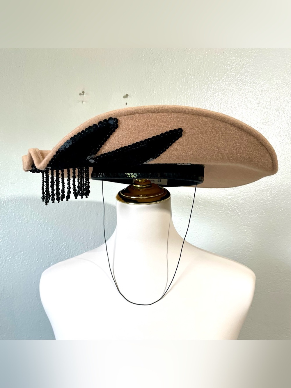 Deborah New York Tan Wool Felt Wide Brim Hat Beaded Fringe Cocktail Church Tea